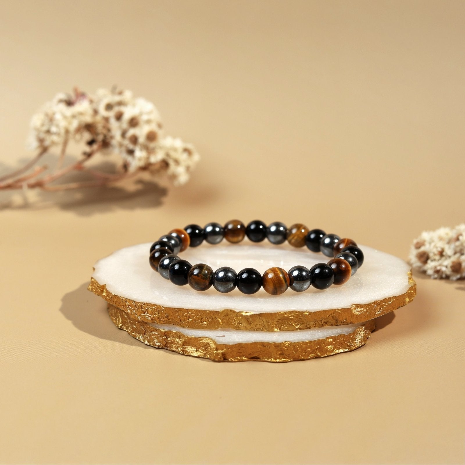 10mm Round Bead Triple Protection Bracelet – Tiger Eye, Obsidian, Hematite – Stretch – Men's