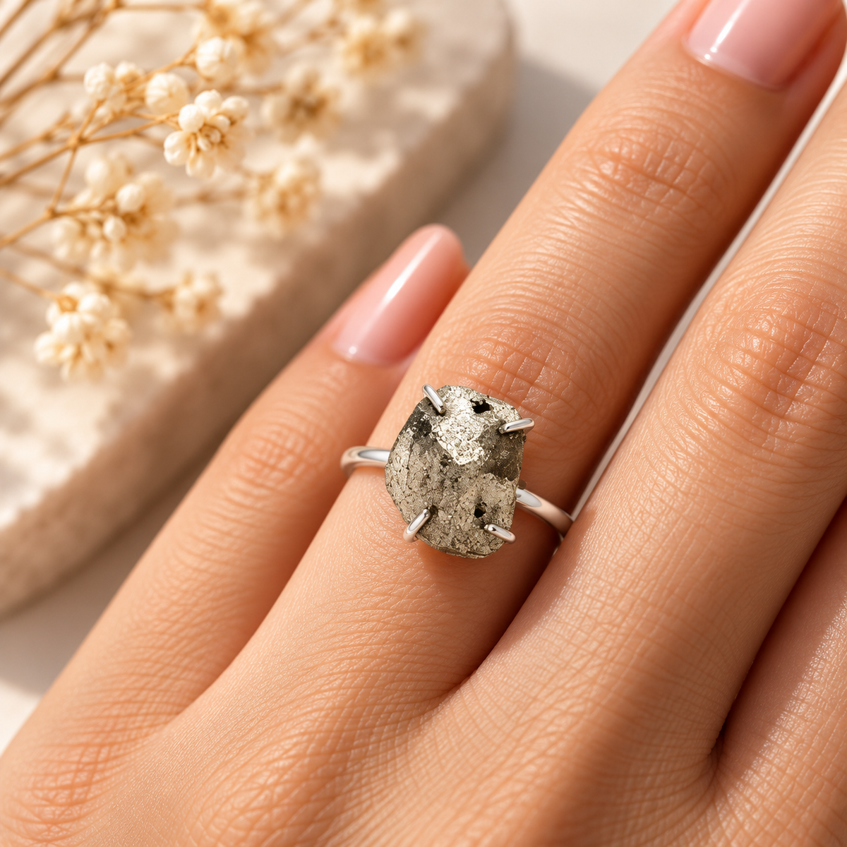 Premium Pyrite Stone Cluster Ring