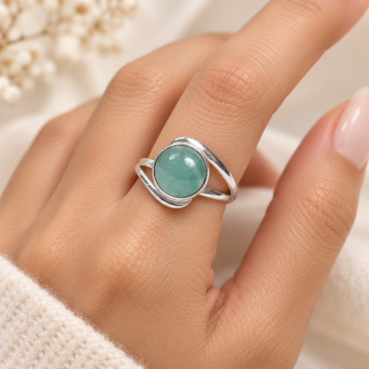 Green Aventurine Silver Brass Ring
