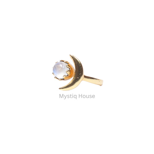 Rainbow Moonstone Moon Charm Adjustable Ring Img