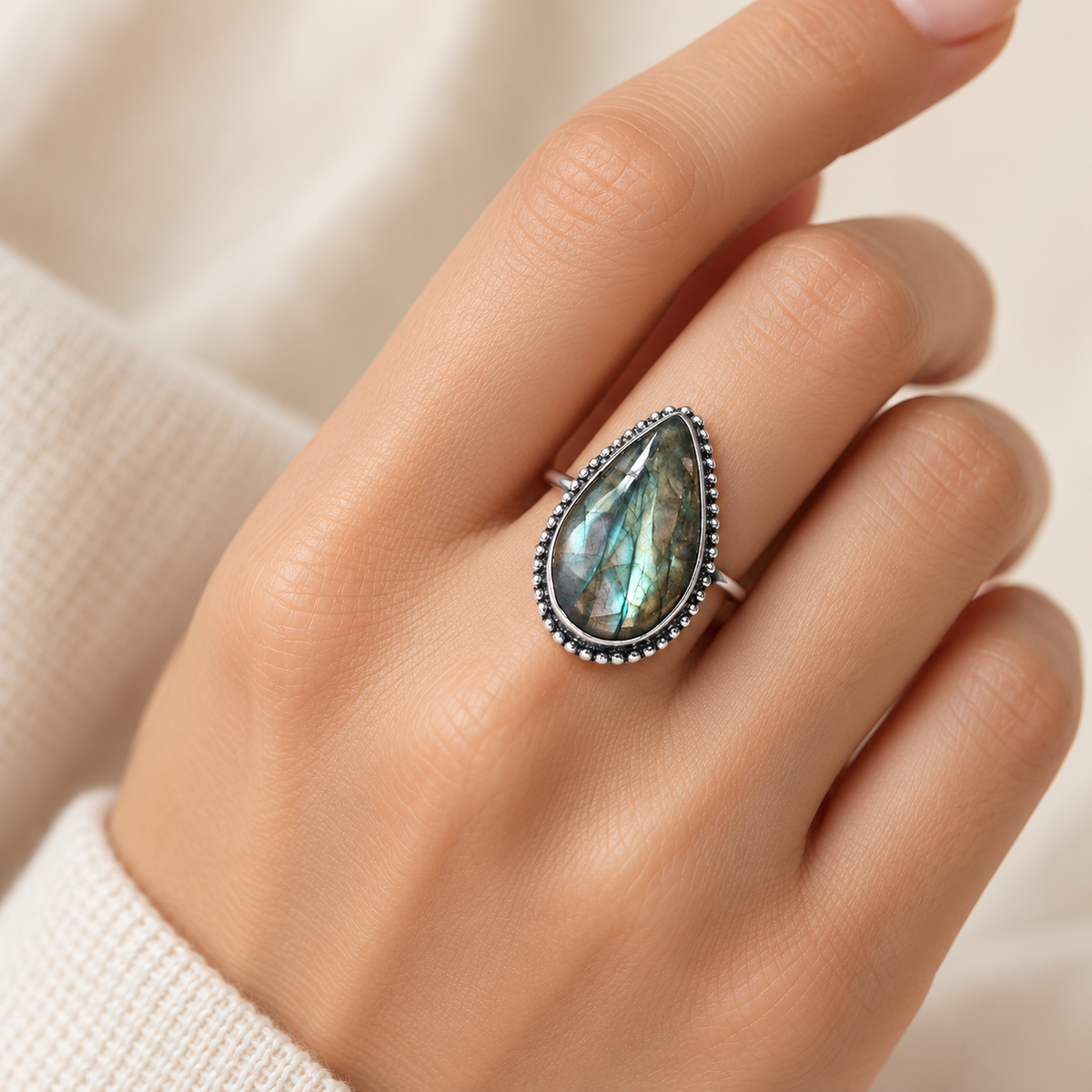 Labradorite Drop Brass Bordered Ring