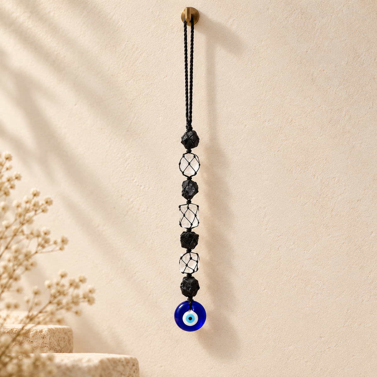Selenite Black Tourmaline With Evil Eye Hanging