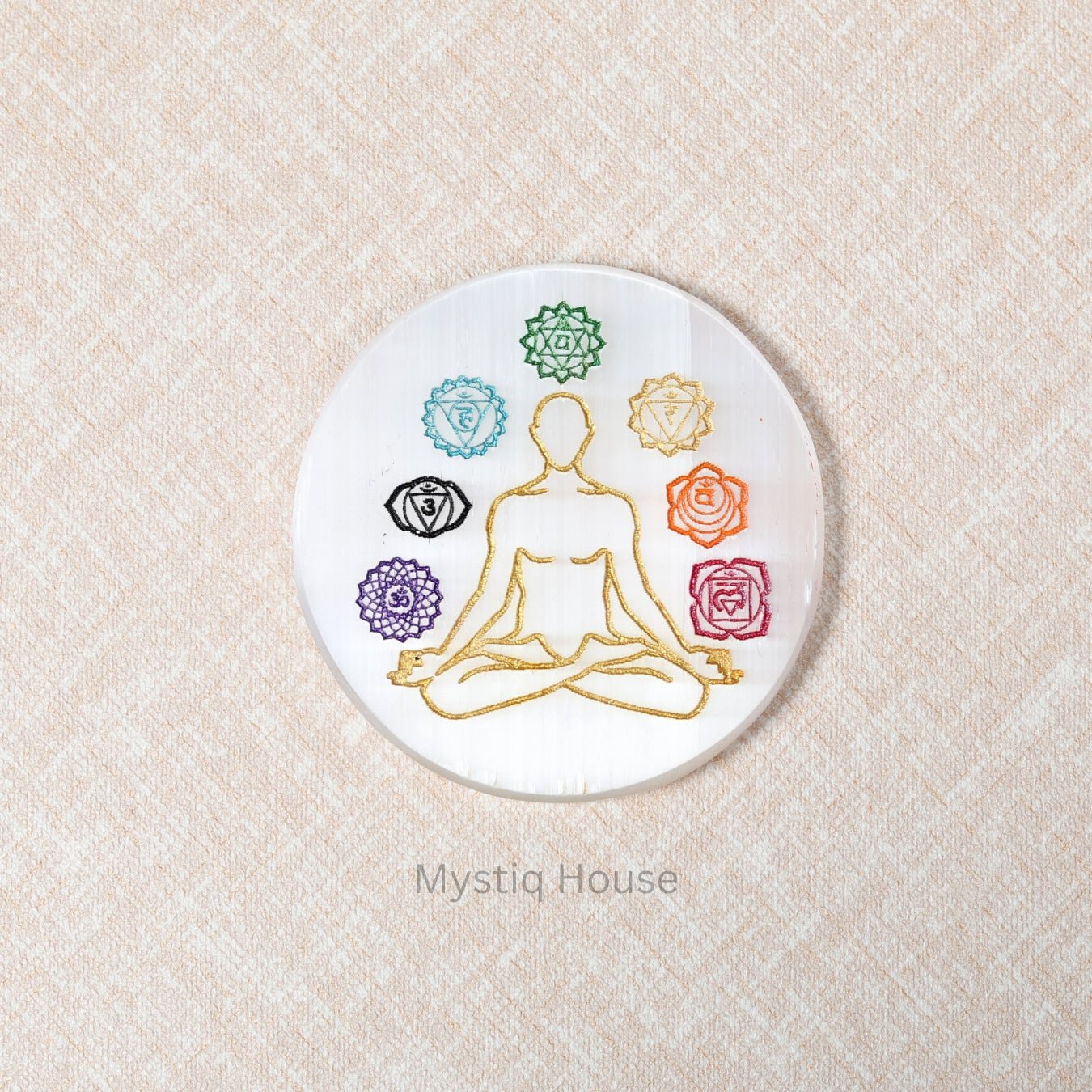 7 Chakra Symbol Round Selenite Charging Plate - MystiqHouse