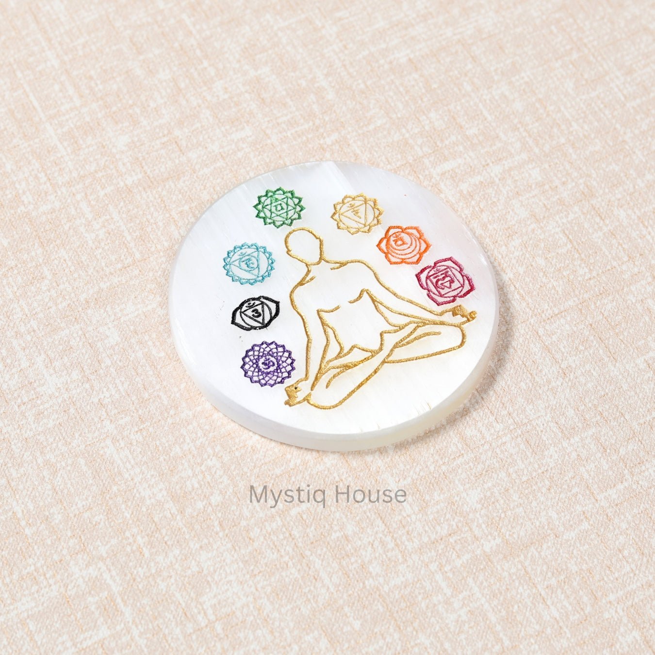 7 Chakra Symbol Round Selenite Charging Plate - MystiqHouse