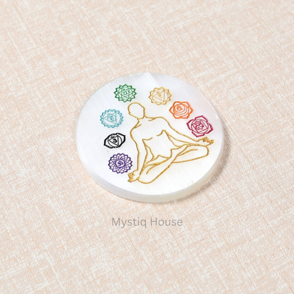 7 Chakra Symbol Round Selenite Charging Plate - MystiqHouse