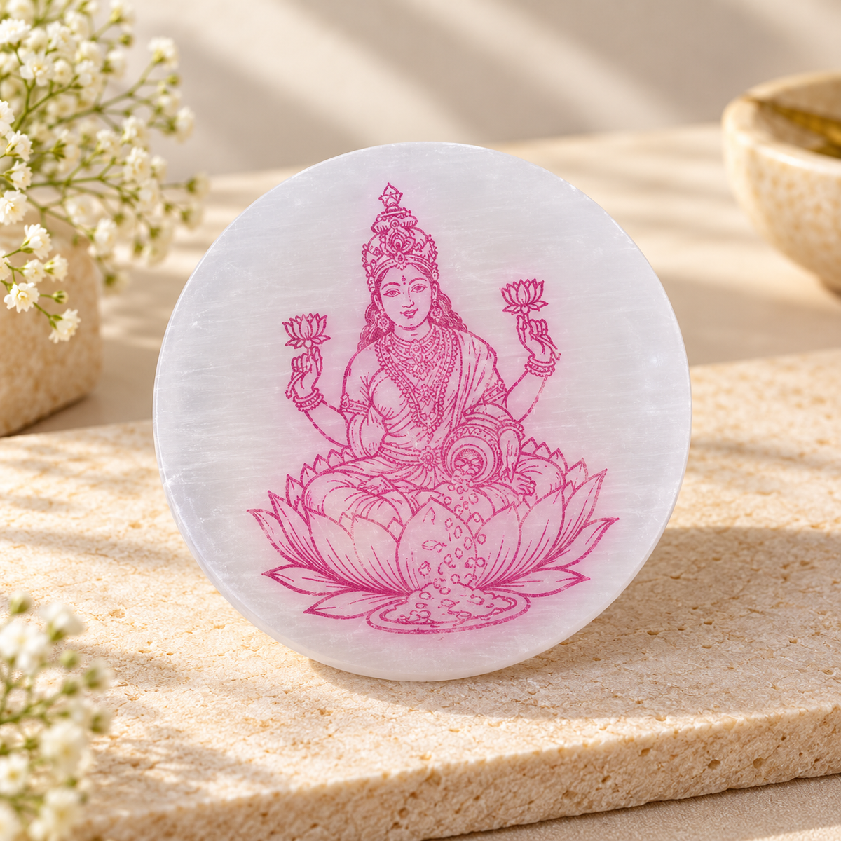 Laxmi ji Round Selenite Charging Plate