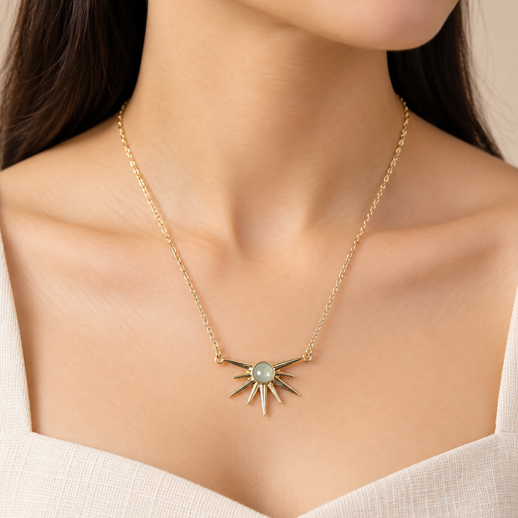 Prehnite Sun Burst Gold Necklace