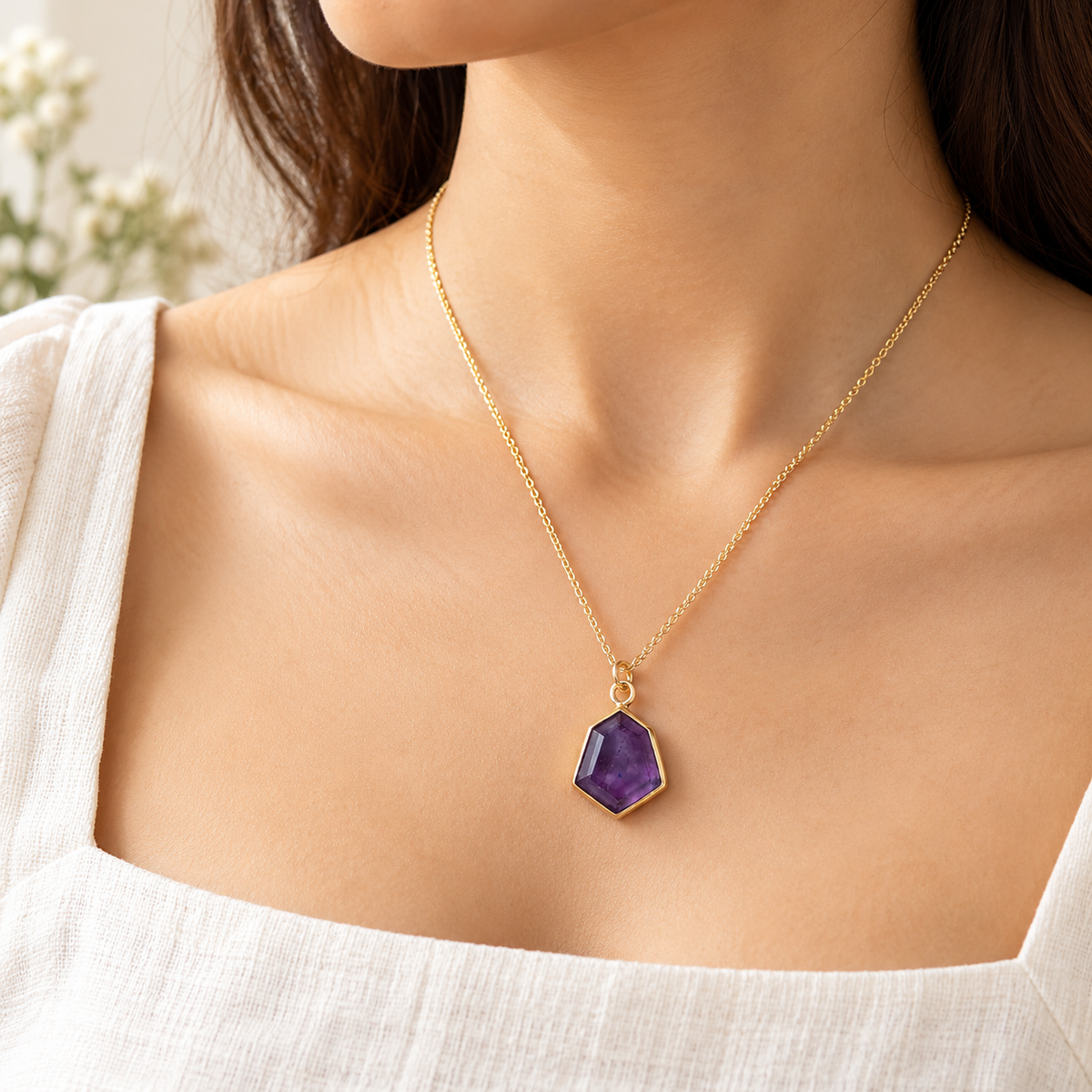 Amethyst 92.5 Silver Hexagonal Necklace