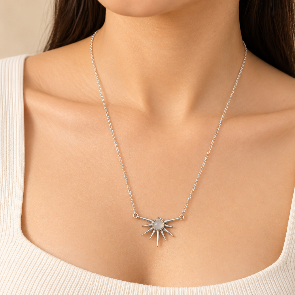 Prehnite Silver Sun Burst Necklace