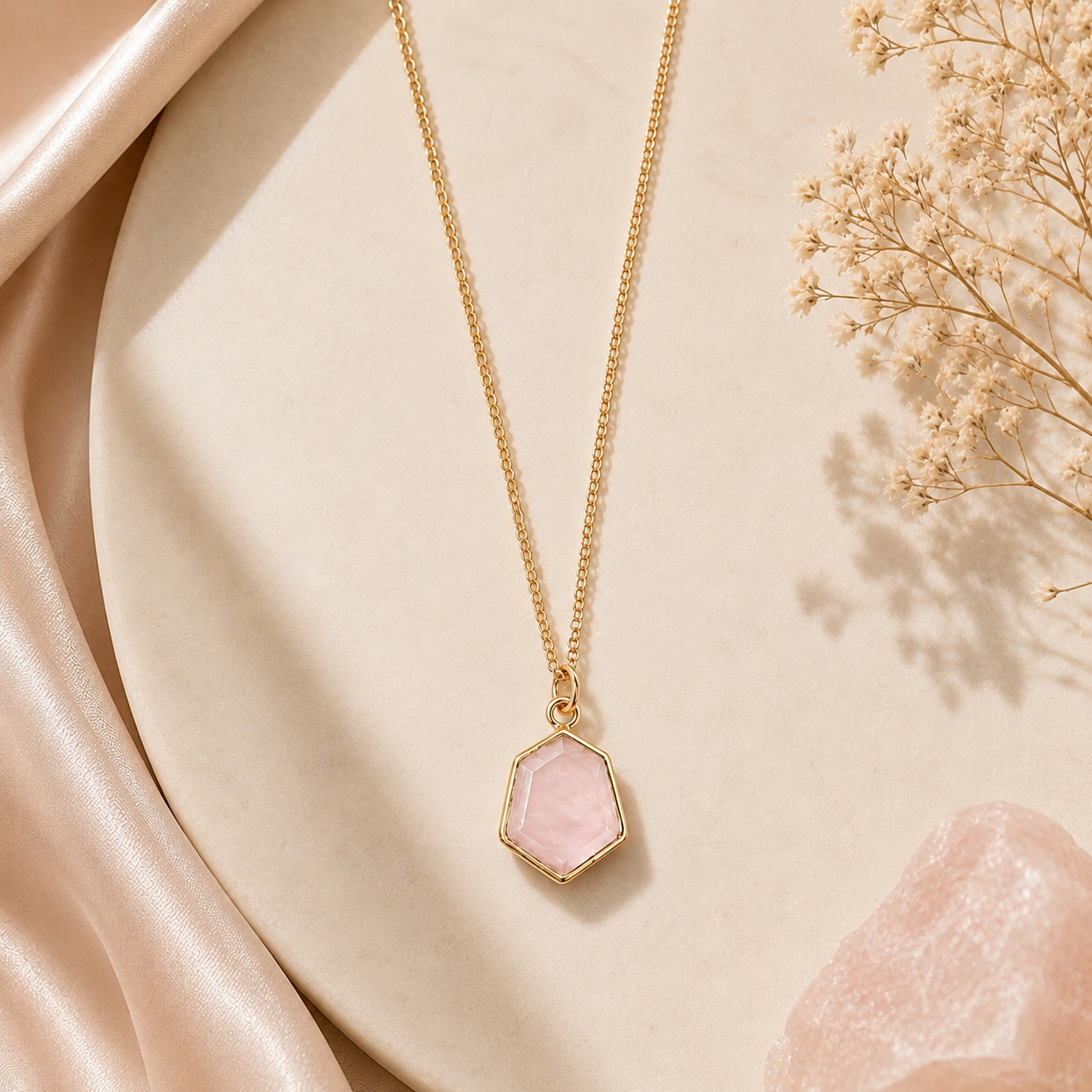Rose Quartz 92.5 Silver Hexagonal Necklace