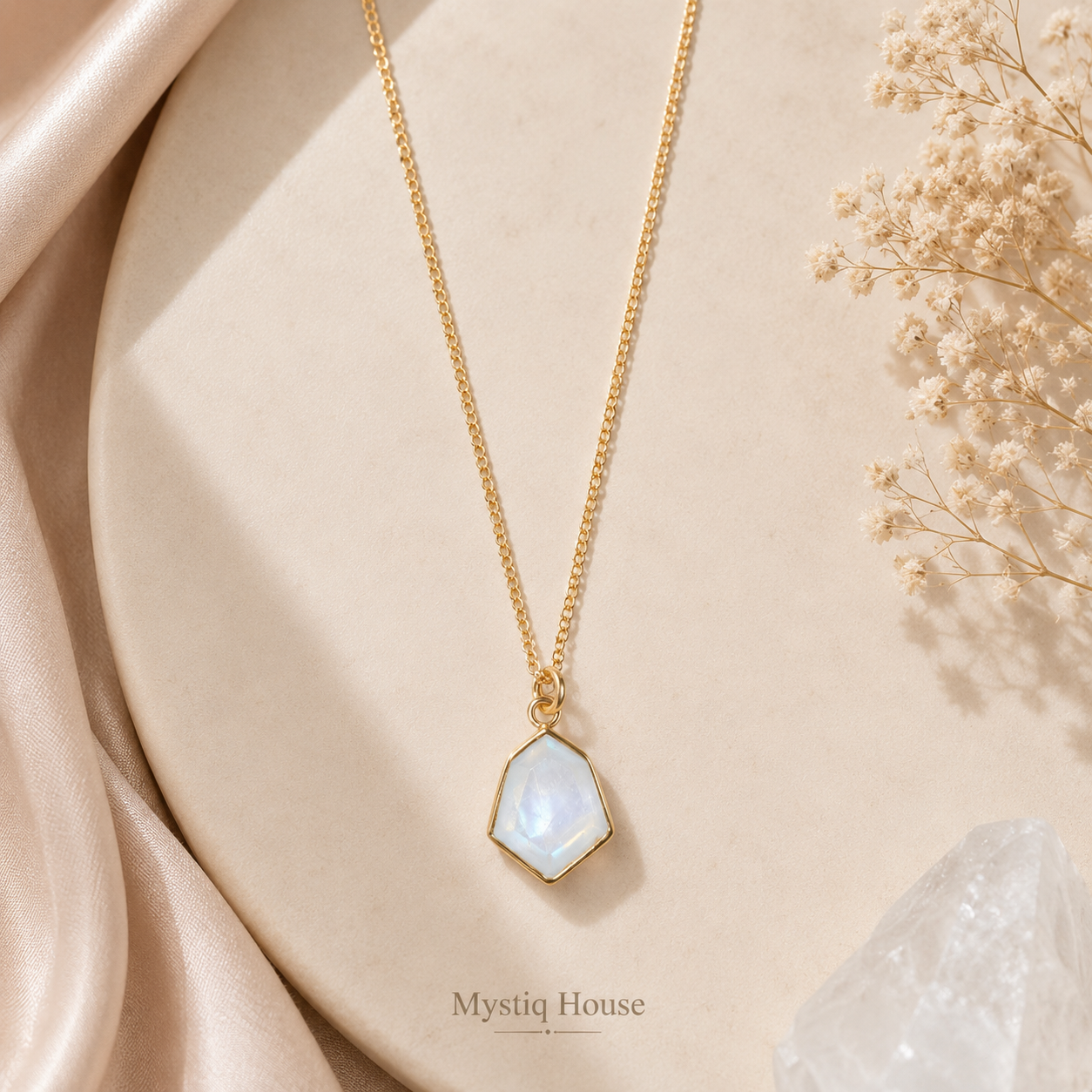 Rainbow Moonstone 92.5 Silver Hexagonal Necklace