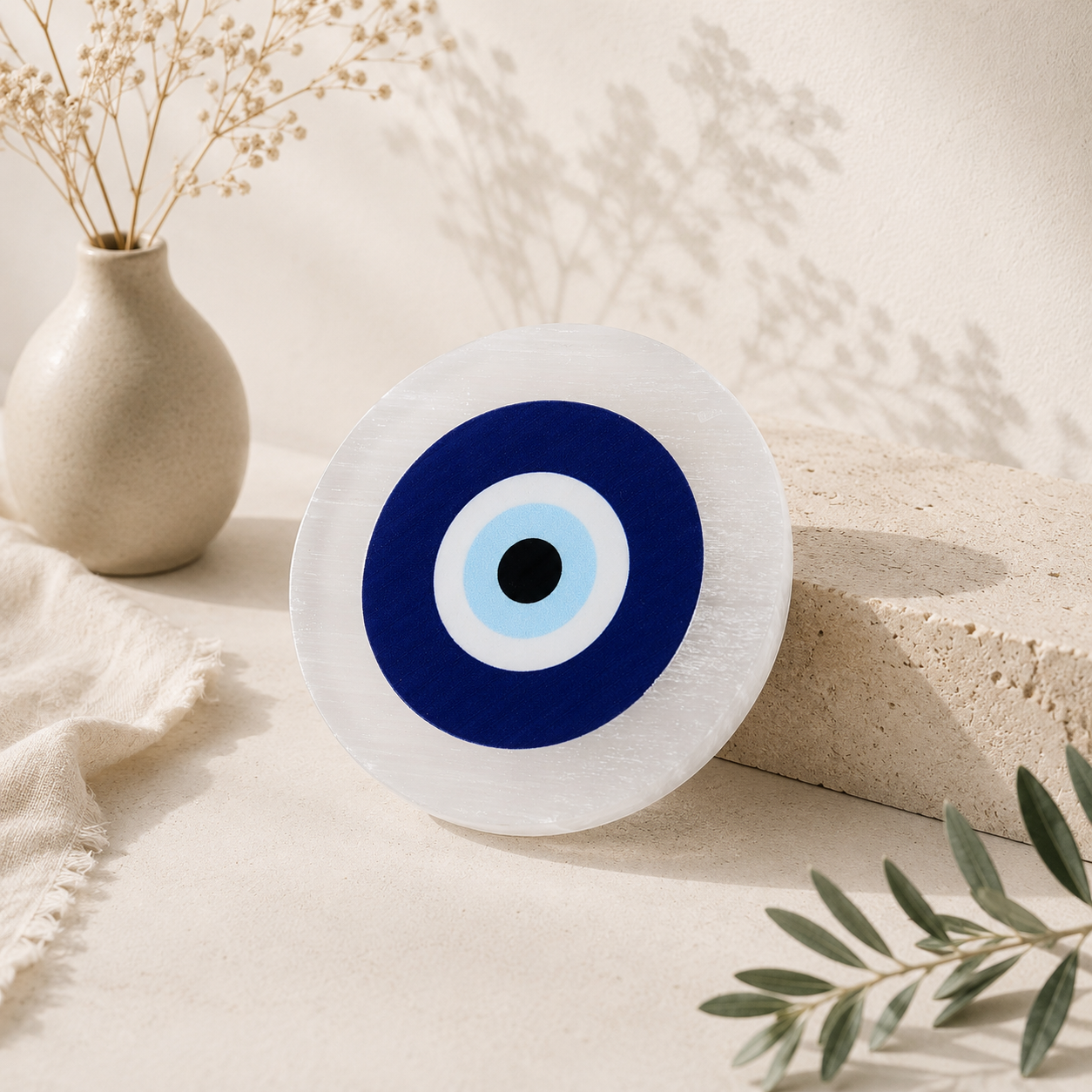 Evil Eye Round Selenite Charging Plate