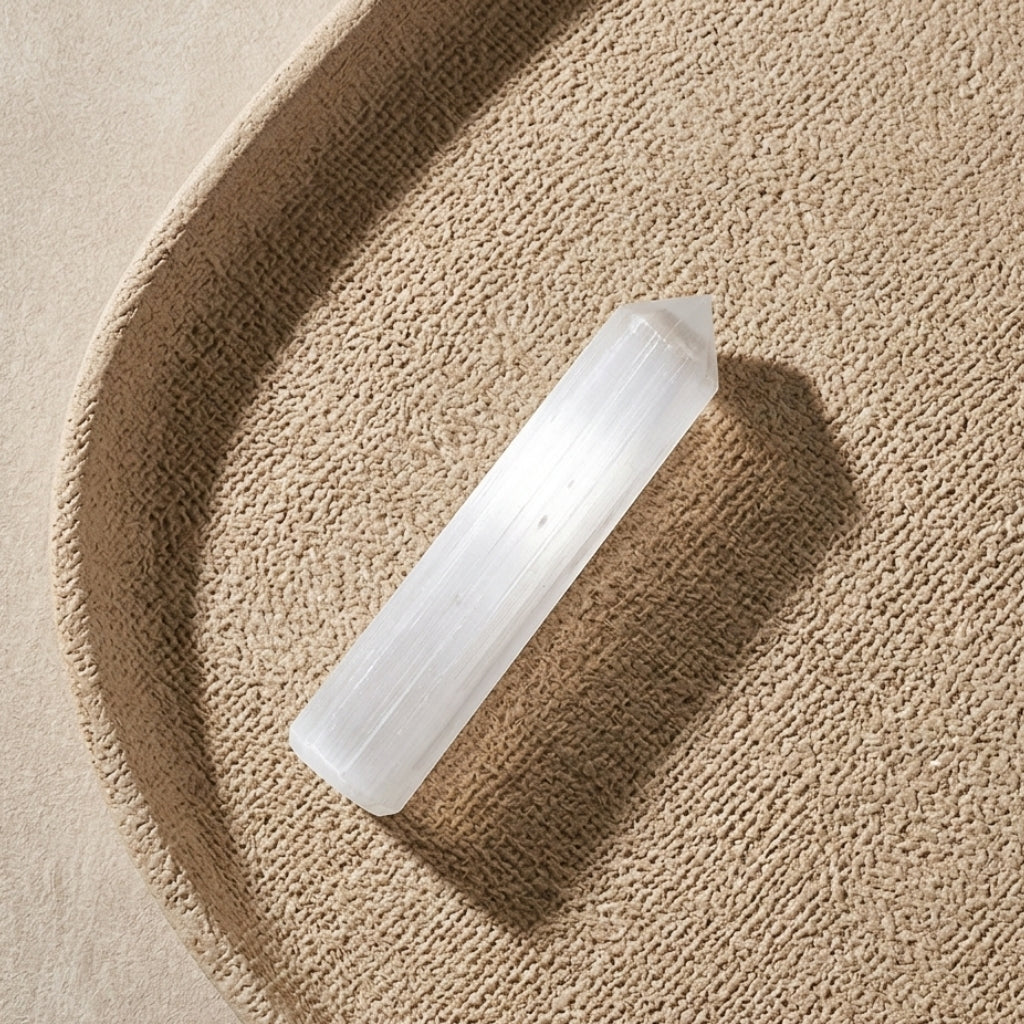 White selenite Pencil Tower on tray