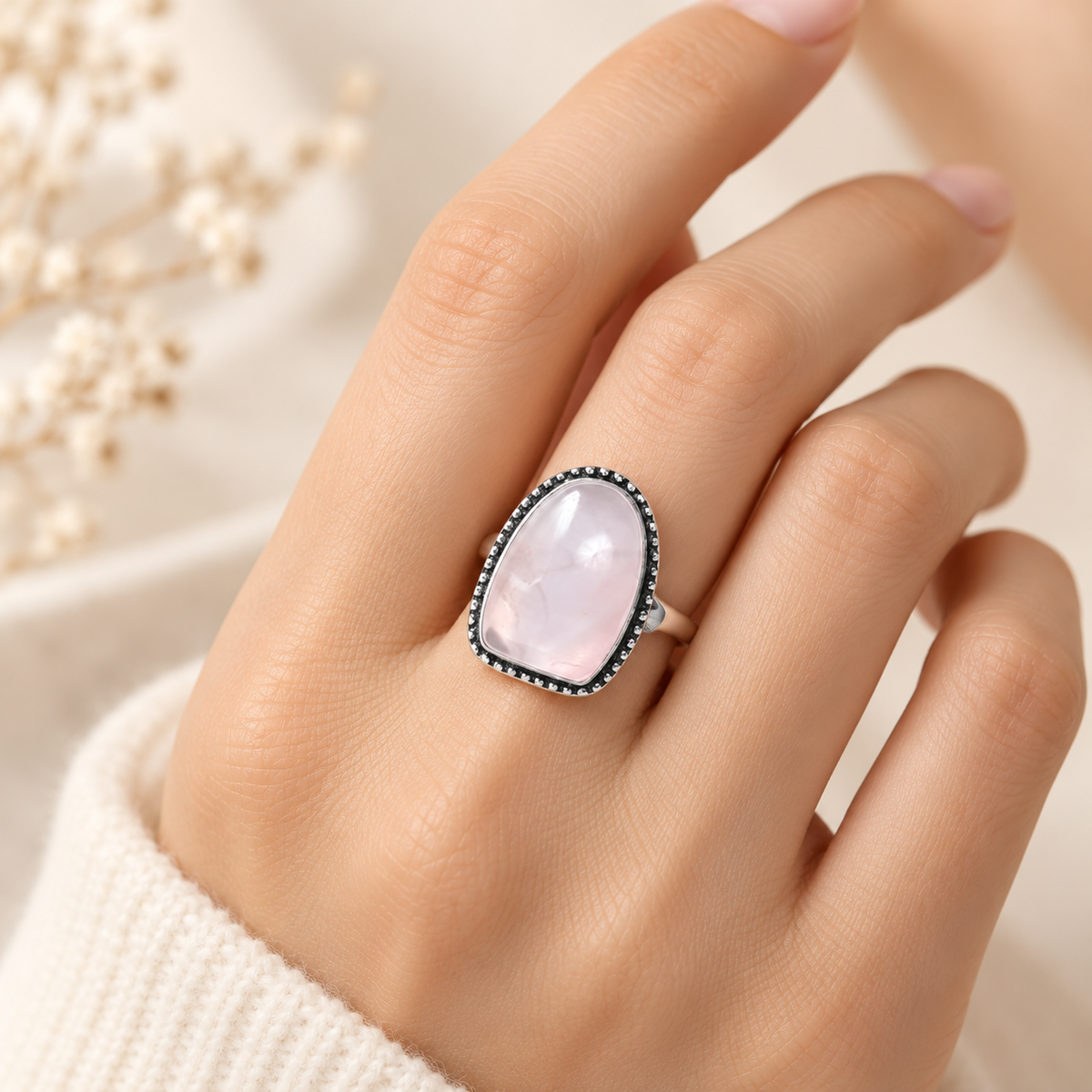 Rose Quartz Brass Bordered Ring