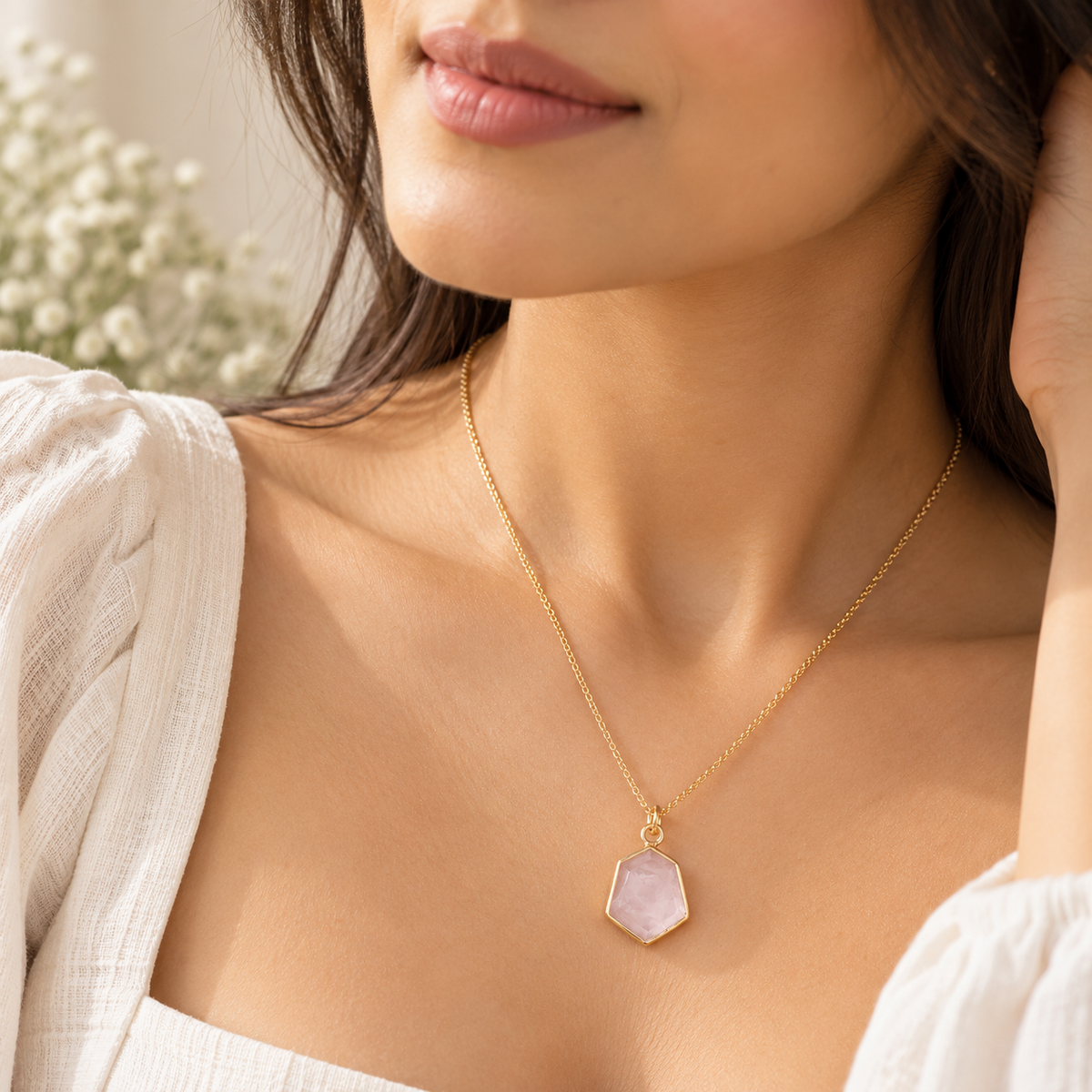 Rose Quartz 92.5 Silver Hexagonal Necklace