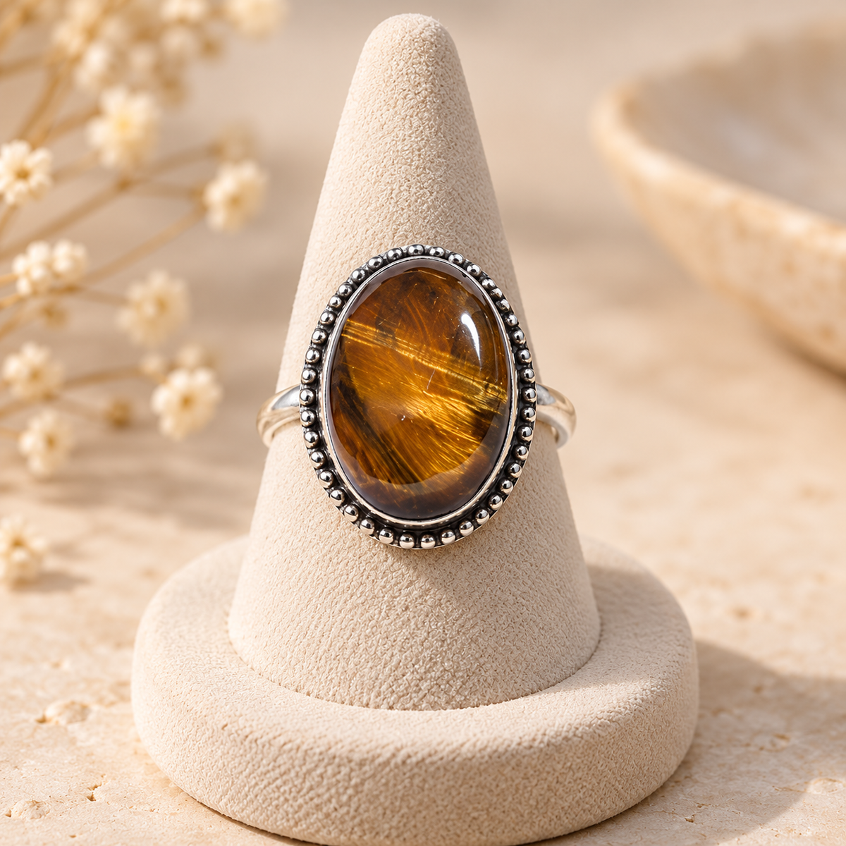 Tiger Eye Oval Brass Borderes Ring
