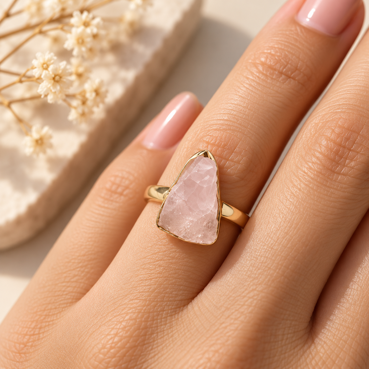 Rose Quartz Raw Adjustable Ring