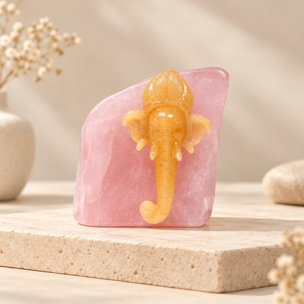 Yellow Aventurine With Rose Quartz Stone Ganesha
