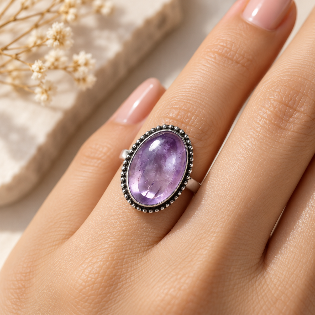 Amethyst Oval Brass Bordered Ring
