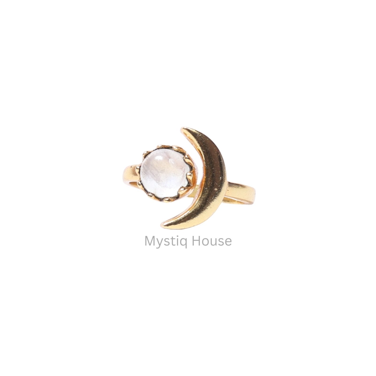 Rainbow Moonstone Moon Charm Adjustable Ring - MystiqHouse