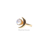 Rainbow Moonstone Moon Charm Adjustable Ring - MystiqHouse