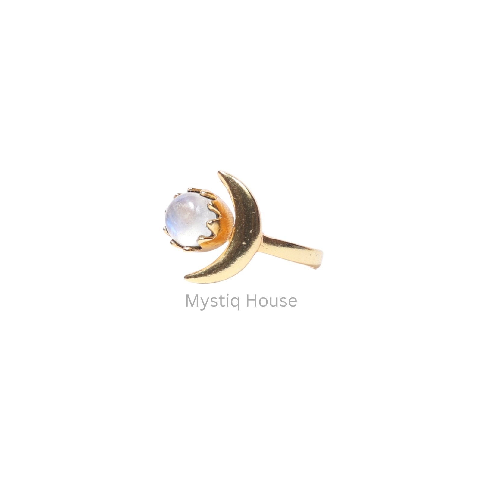 Rainbow Moonstone Moon Charm Adjustable Ring - MystiqHouse