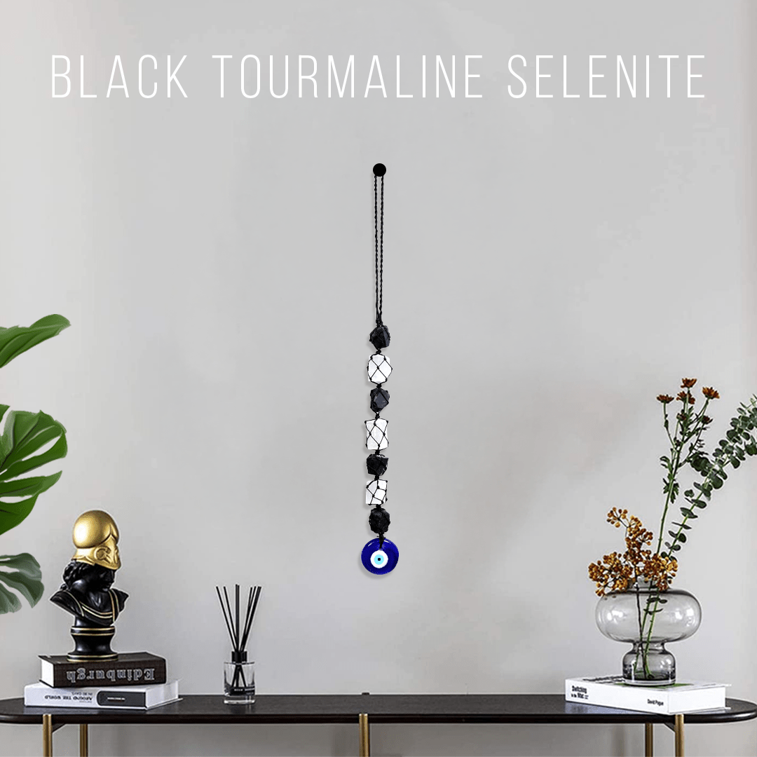 Selenite Black Tourmaline With Evil Eye Hanging - MystiqHouse